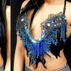 Ready to Ship 36B/C - Blue Beaded Peacock Feather Fringe Plunge Bra