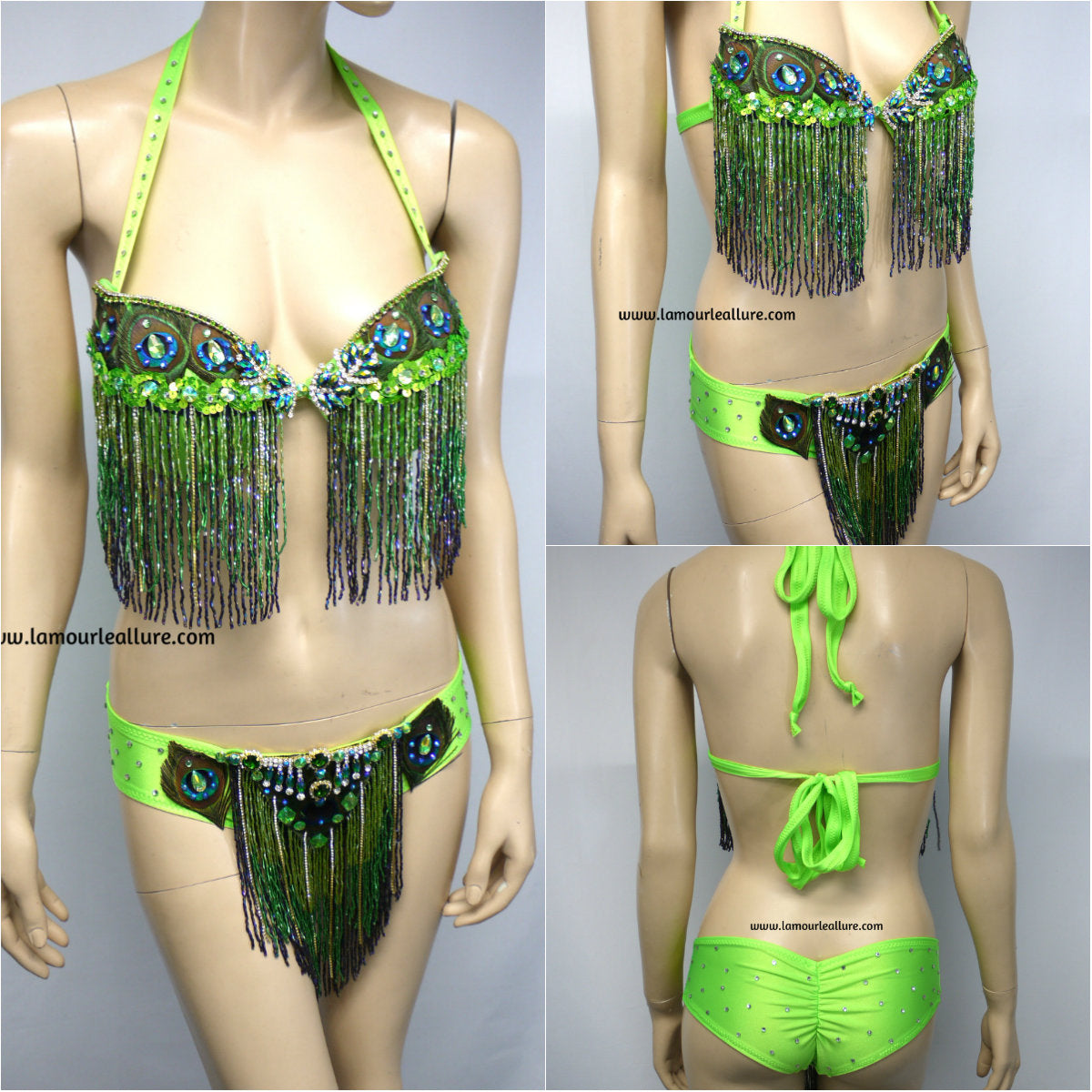 Neon Peacock Feather Beaded Bikini Dance Costume Halloween Show Girl