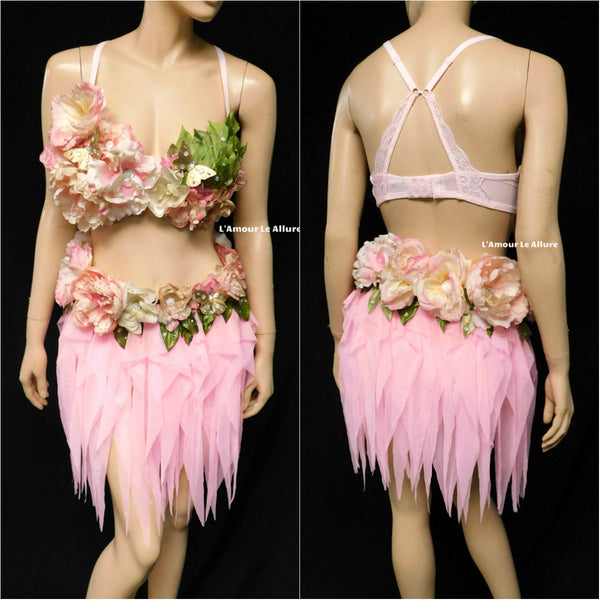 Spring Fairy Floral Bra with High Waisted Skirt - Hot Pink