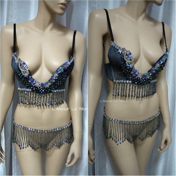 Galaxy Moon Plunge Bra and Beaded Fringe Belt Skirt