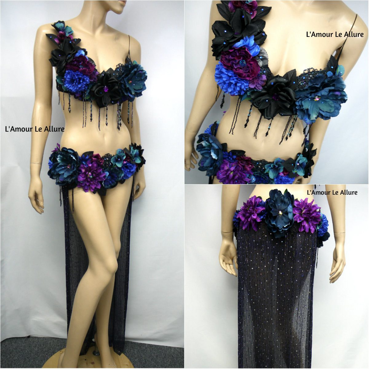 Two Piece Dark Midnight Rose Fairy Gown with Train Costume Belly Dancer