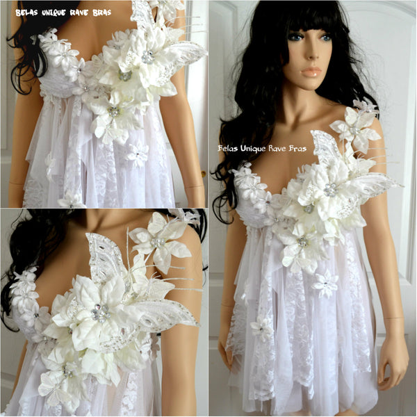 White Winter Flower Fairy Babydoll Dress Bra Costume