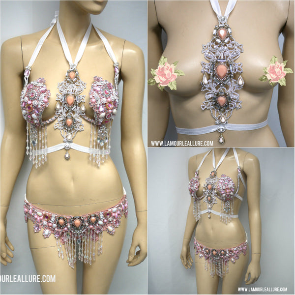 Ready to Ship 32/34 B/C - Pale Pink Rhinestone Samba Carnival theme Bikini Dance Fitness Comp Rave