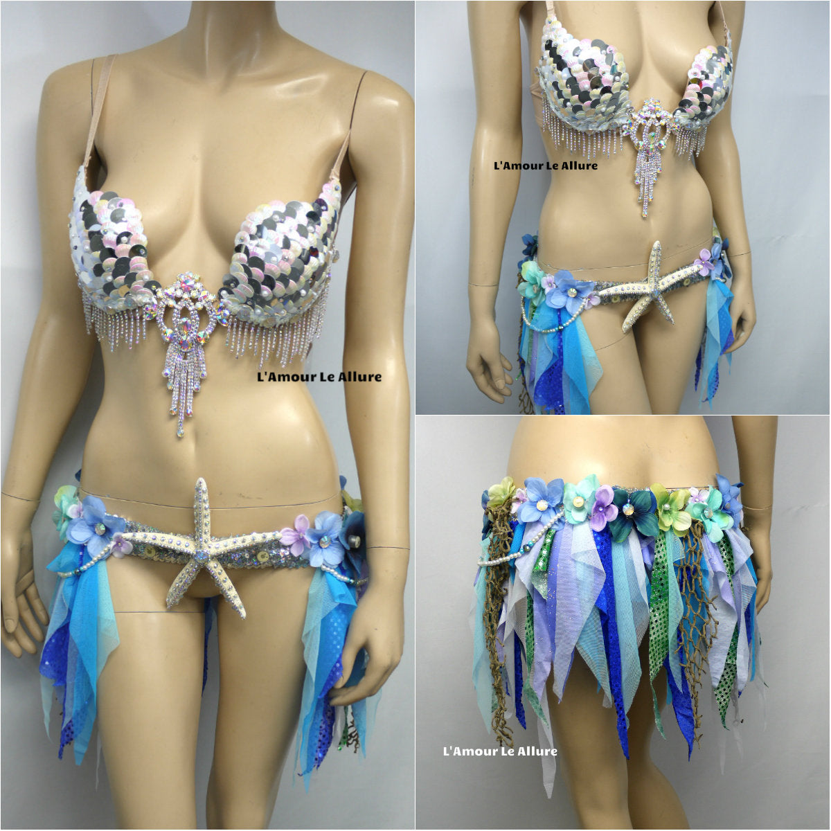 Iridescent White Sequin Scale Mermaid Plunge with Garter Belt Skirt