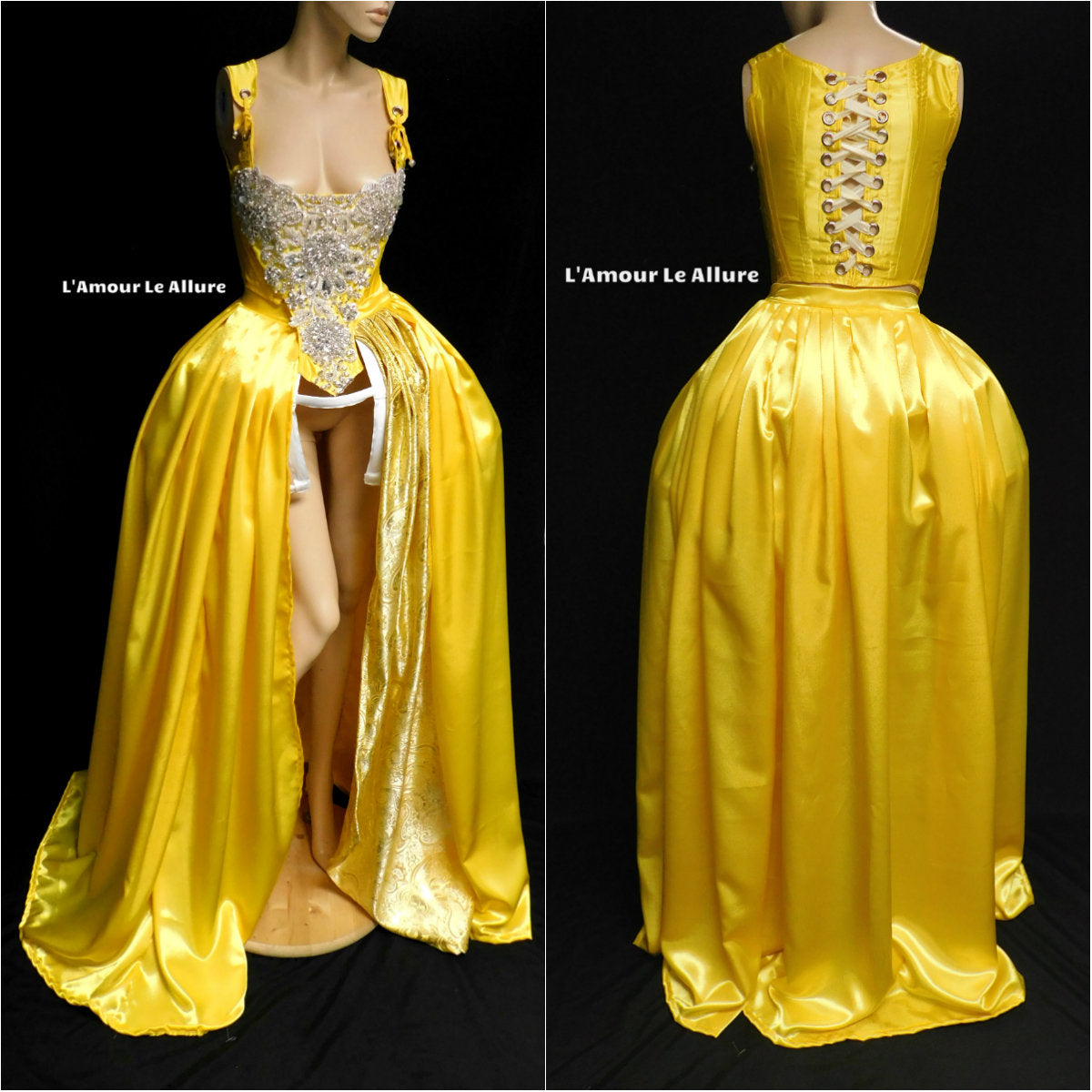 Belle Yellow Rhinestone Medieval Renaissance Ball Gown Dress Skirt with Corset and Bone skirt