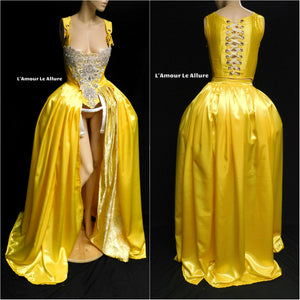 Belle Yellow Rhinestone Medieval Renaissance Ball Gown Dress Skirt with Corset and Bone skirt