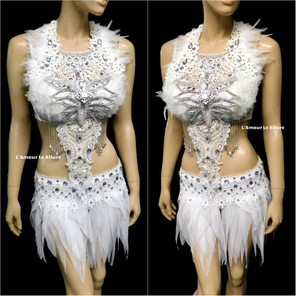 White Lace Rhinestone Feather Angel Bra and Skirt Costume