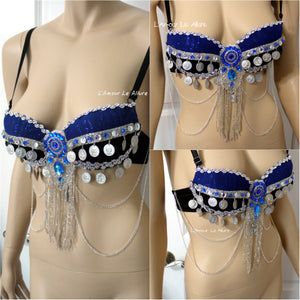 Blue and Silver Coin Beaded Bra