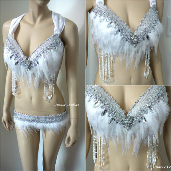 Diamond White and Silver Feather Fringe Bra Dance Costume Rave Halloween