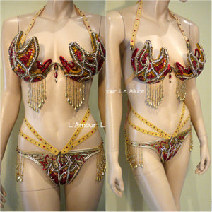 Gold and Red Phoenix Girl On Fire Flame Carnival Samba Top and Bottom Dance Cage Rave