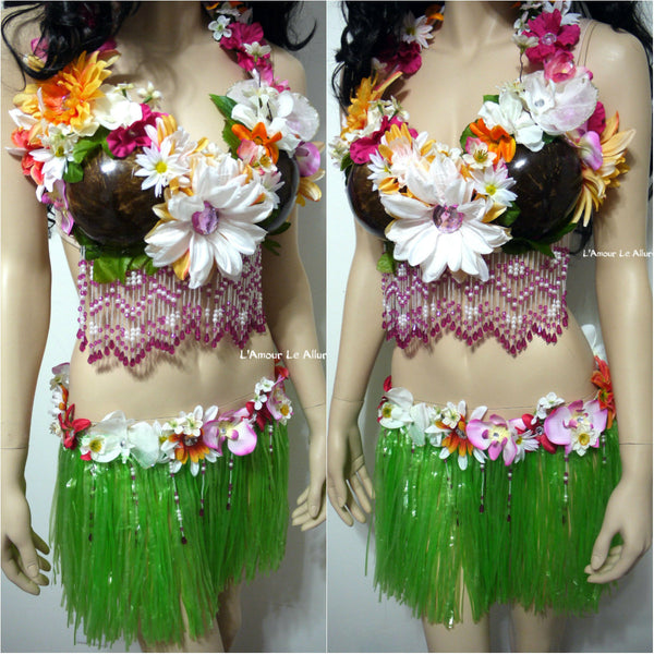 Tropical Hula Girl Coconut Flower Bra and Green Grass Skirt