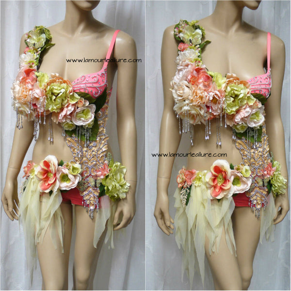 Sweet as a  Peach Spring Fairy Monokini Bra and Cream Skirt Cosplay Costume