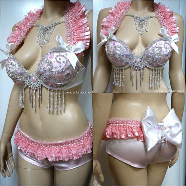 Sweet Pastel Pink Glitter Diamond Bra with Scrunchie Bottom Costume