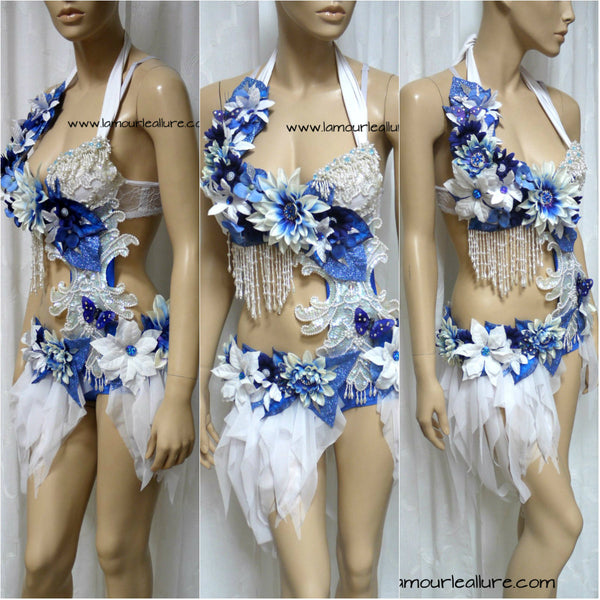 Blue and White Winter Water Fairy Monokini Bra and Shorts Costume