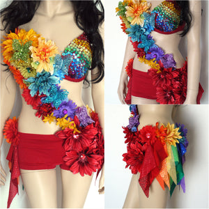 Rainbow Fairy Flower Bra and Shorts Monokini Dance Rave Halloween Costume