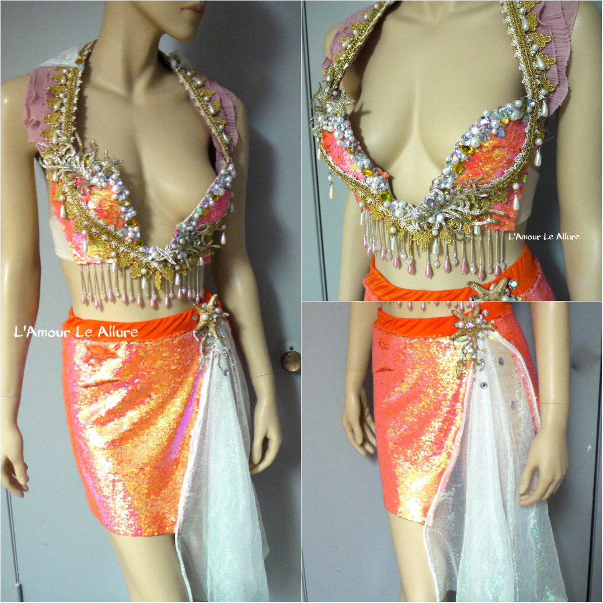 Iridescent Orange Sequins Scale Mermaid Plunge Bra and Skirt