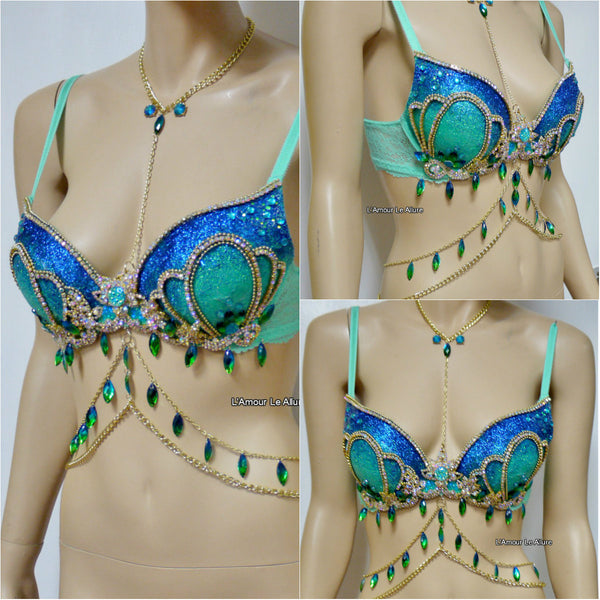 Blue Turquoise Glitter Mermaid Top Bra with Gold Chain