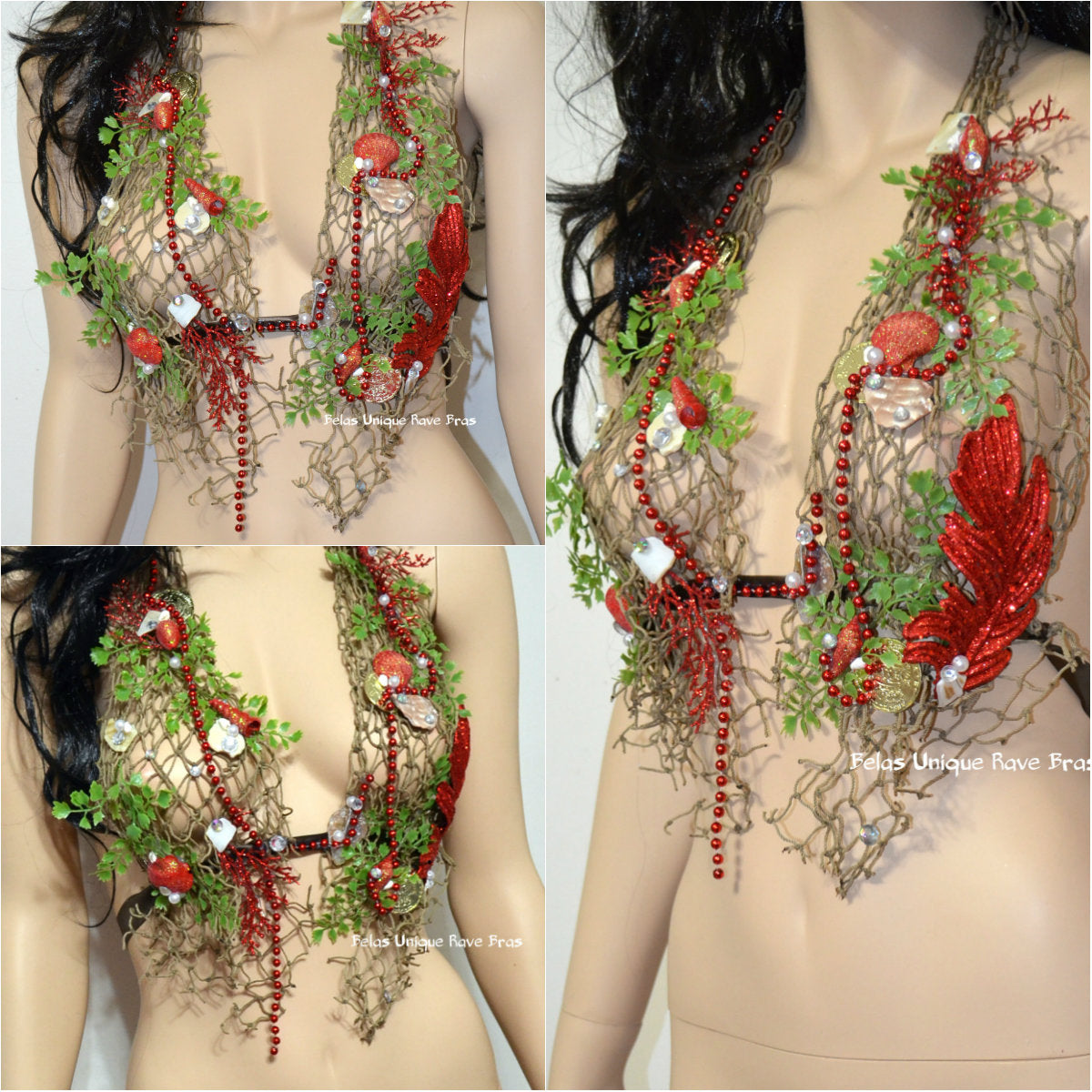 Sirens Of The Sea Red Netted Siren Mermaid Halter Top Dance Costume Rave Halloween