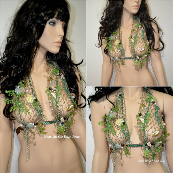 Sirens Of The Sea Green Netted Siren Mermaid Halter Top Dance Halloween Costume