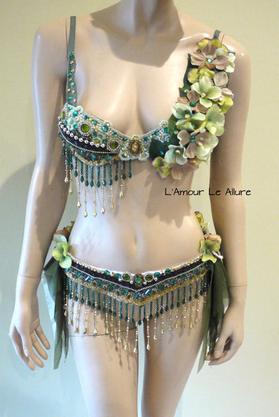 Woodland Green Gypsy Forest Fairy Cosplay Dance Costume Rave Bra Halloween