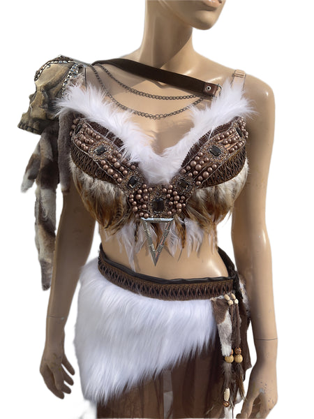 Winter White and Brown Skull Viking Warrior Gladiator Costume
