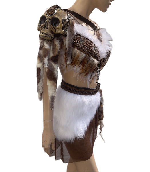 Winter White and Brown Skull Viking Warrior Gladiator Costume