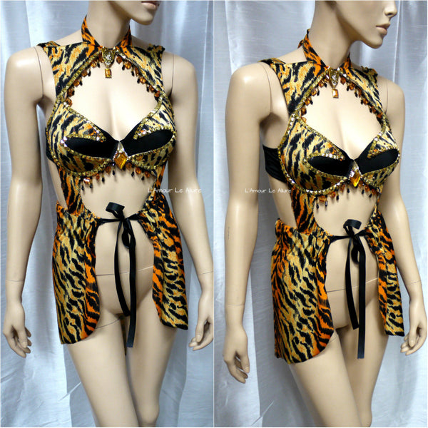 Golden Studded Jungle Tiger Goddess Monokini Dress