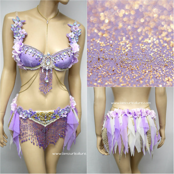 Lavender Purple Gypsy Forest Fairy Dance Rave Bra and Skirt Halloween Costume